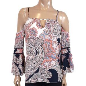 7th Avenue Paisley Cold Shoulder Top Boho Long Bell Sleeve Crochet Keyhole Cami